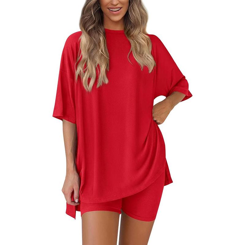 Women's Summer Lounge Set – Oversized Split Hem Tee & Biker Shorts (2-Piece)