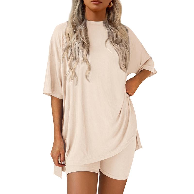 Women's Summer Lounge Set – Oversized Split Hem Tee & Biker Shorts (2-Piece)