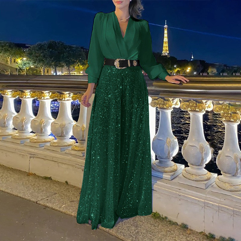 Glowline V-Neck Belted Sequin Jumpsuit