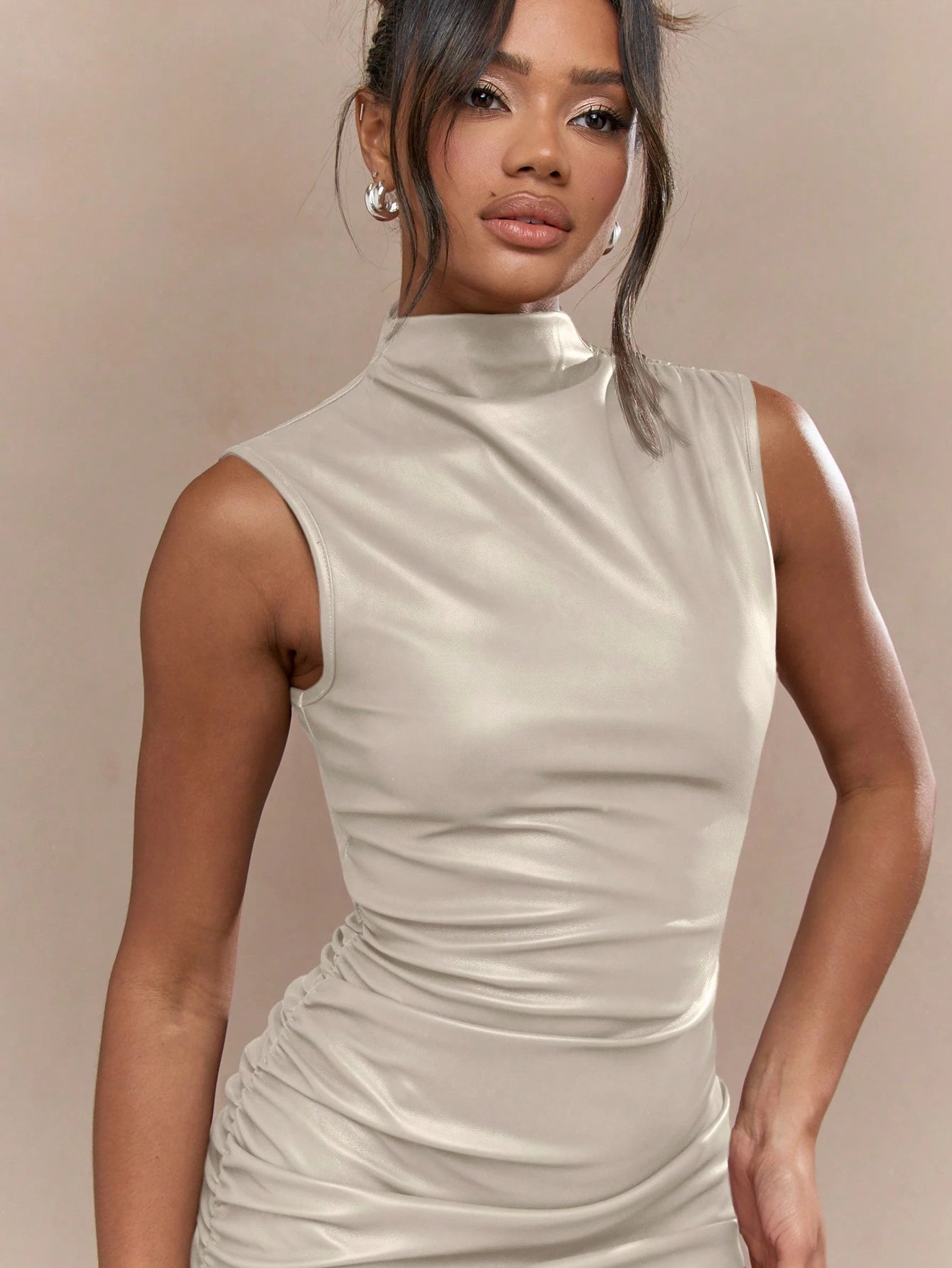PU High Neck Ruched Sleeveless Mini Dress