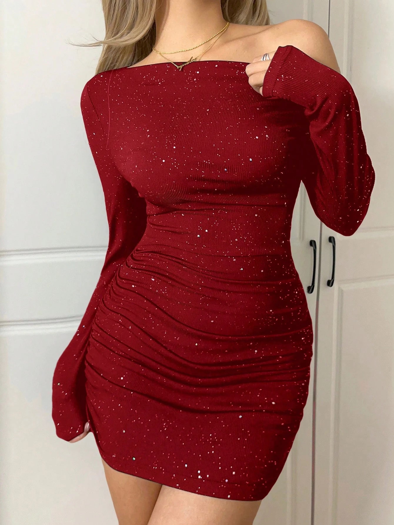 Oblique Shoulder Ruched Mini Dress