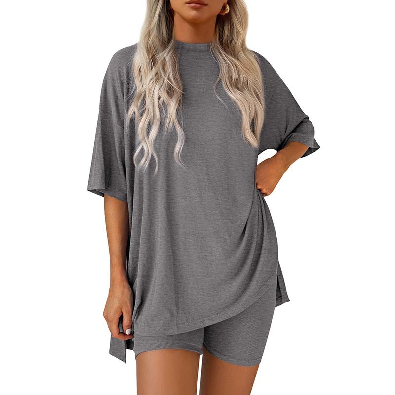 Women's Summer Lounge Set – Oversized Split Hem Tee & Biker Shorts (2-Piece)
