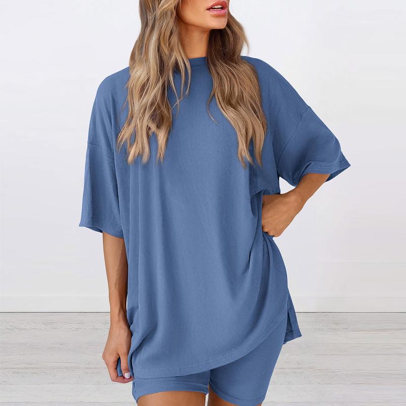 Women's Summer Lounge Set – Oversized Split Hem Tee & Biker Shorts (2-Piece)