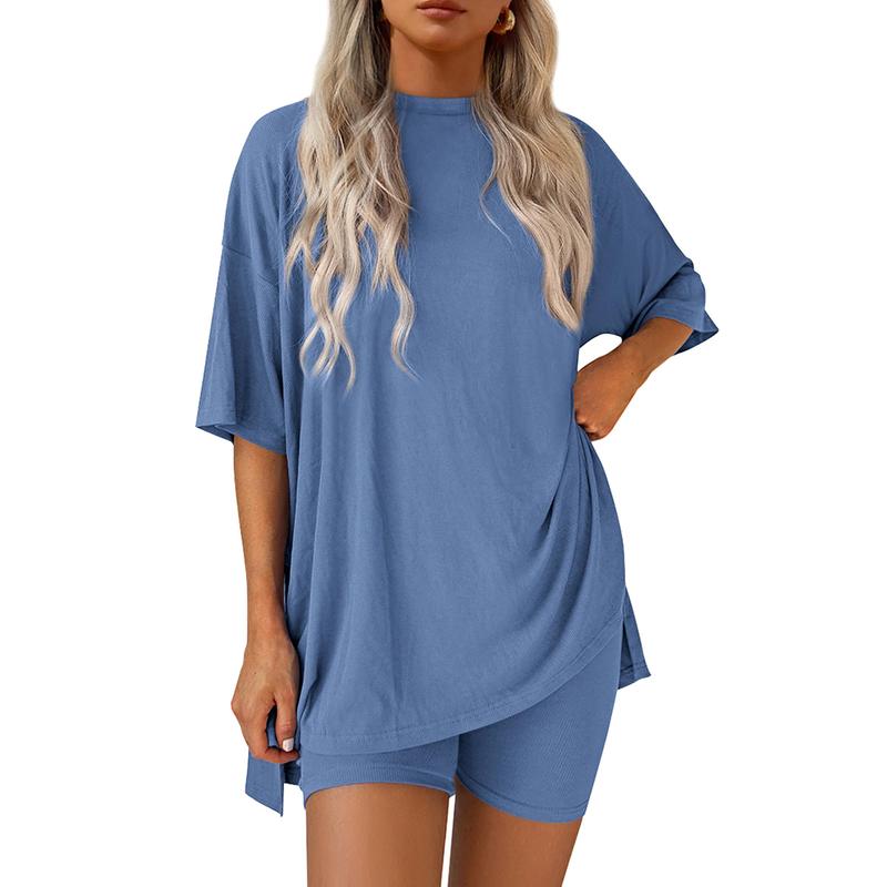 Women's Summer Lounge Set – Oversized Split Hem Tee & Biker Shorts (2-Piece)