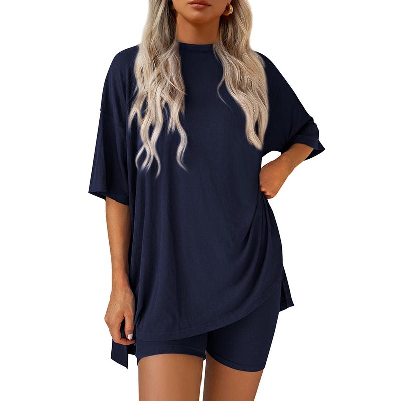 Women's Summer Lounge Set – Oversized Split Hem Tee & Biker Shorts (2-Piece)