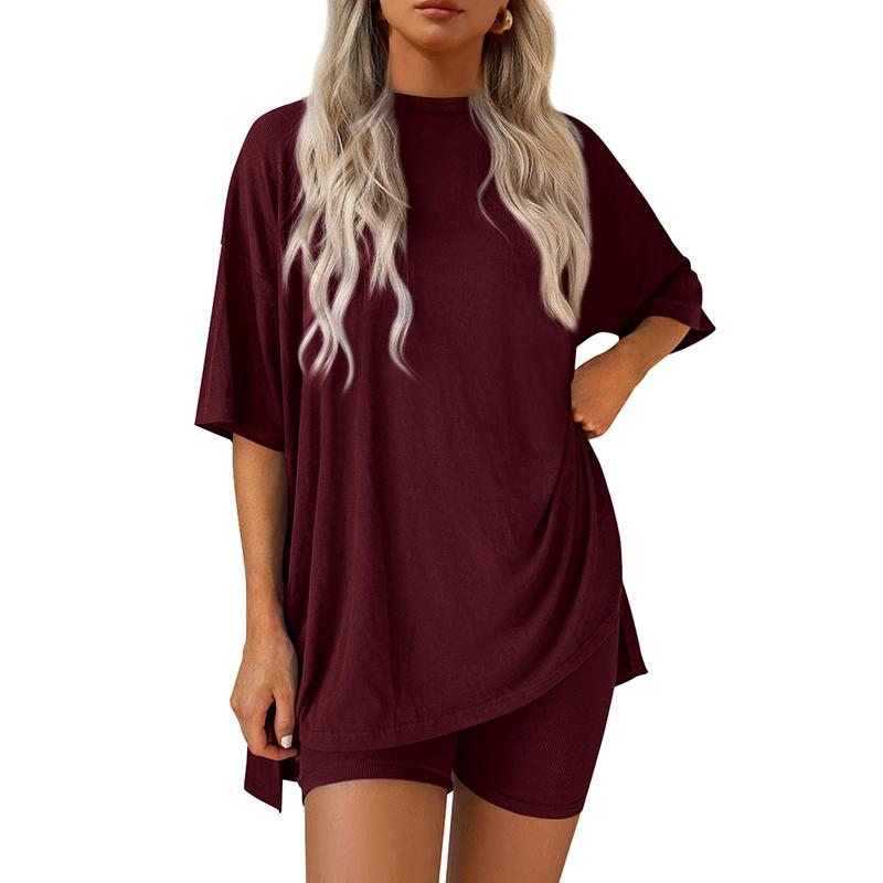 Women's Summer Lounge Set – Oversized Split Hem Tee & Biker Shorts (2-Piece)