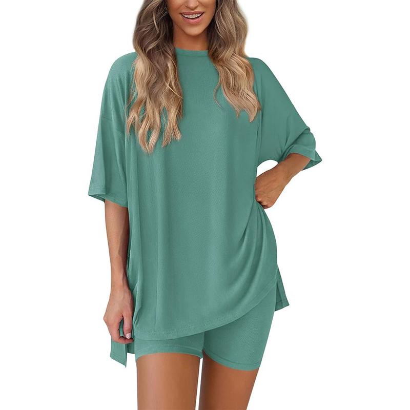Women's Summer Lounge Set – Oversized Split Hem Tee & Biker Shorts (2-Piece)