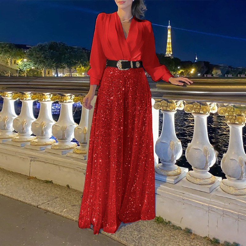 Glowline V-Neck Belted Sequin Jumpsuit