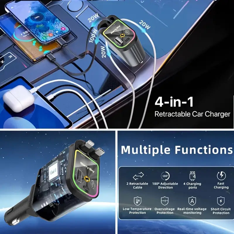 4 in 1 Retractable Car Charger with Starlight