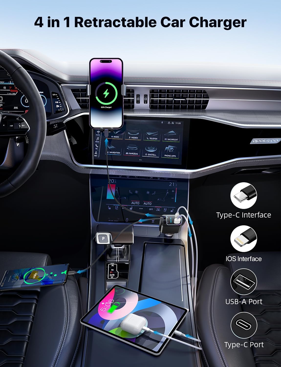 4 in 1 Retractable Car Charger with Starlight