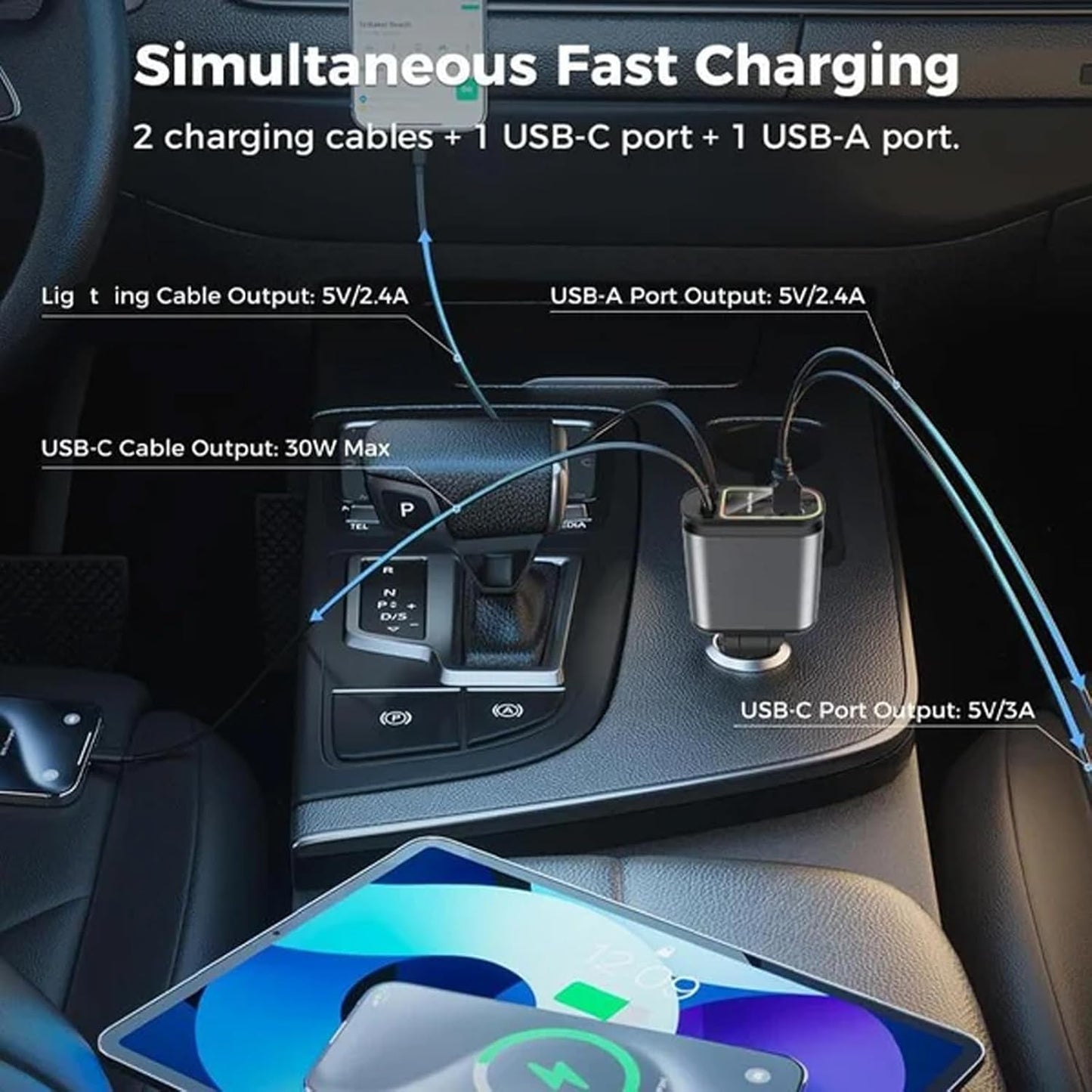 4 in 1 Retractable Car Charger with Starlight