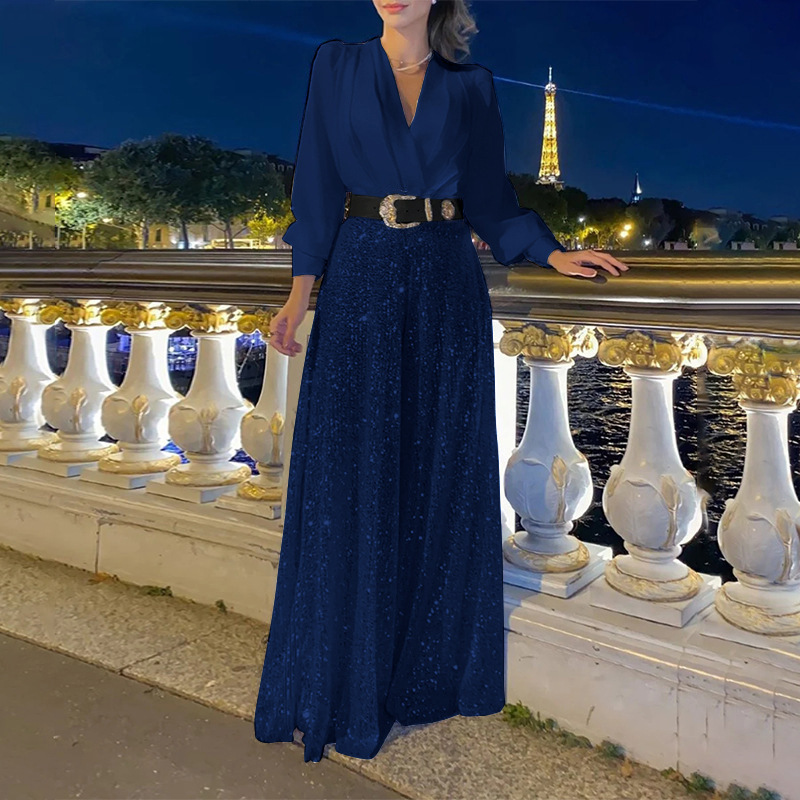Glowline V-Neck Belted Sequin Jumpsuit