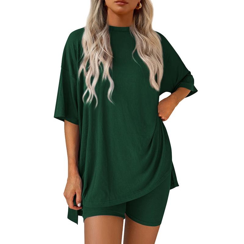 Women's Summer Lounge Set – Oversized Split Hem Tee & Biker Shorts (2-Piece)