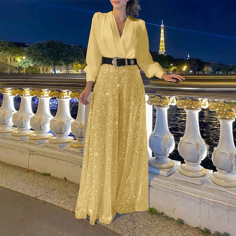 Glowline V-Neck Belted Sequin Jumpsuit