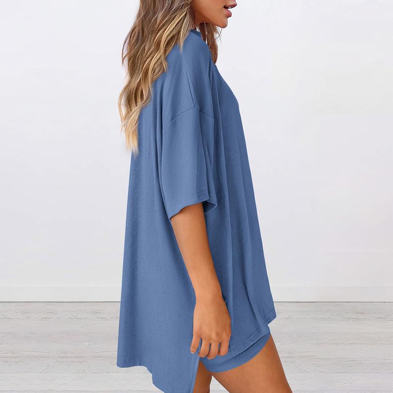 Women's Summer Lounge Set – Oversized Split Hem Tee & Biker Shorts (2-Piece)