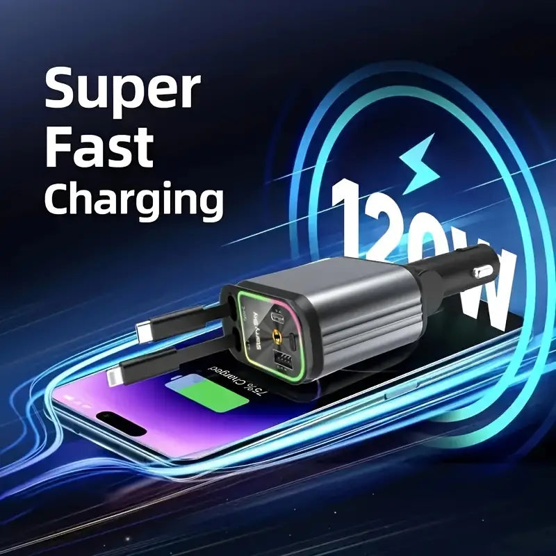 4 in 1 Retractable Car Charger with Starlight