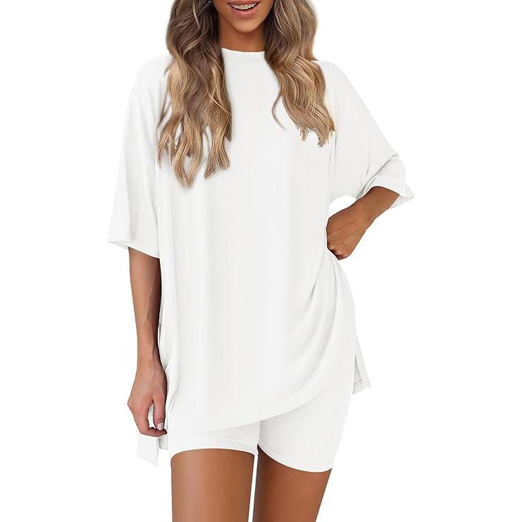 Women's Summer Lounge Set – Oversized Split Hem Tee & Biker Shorts (2-Piece)