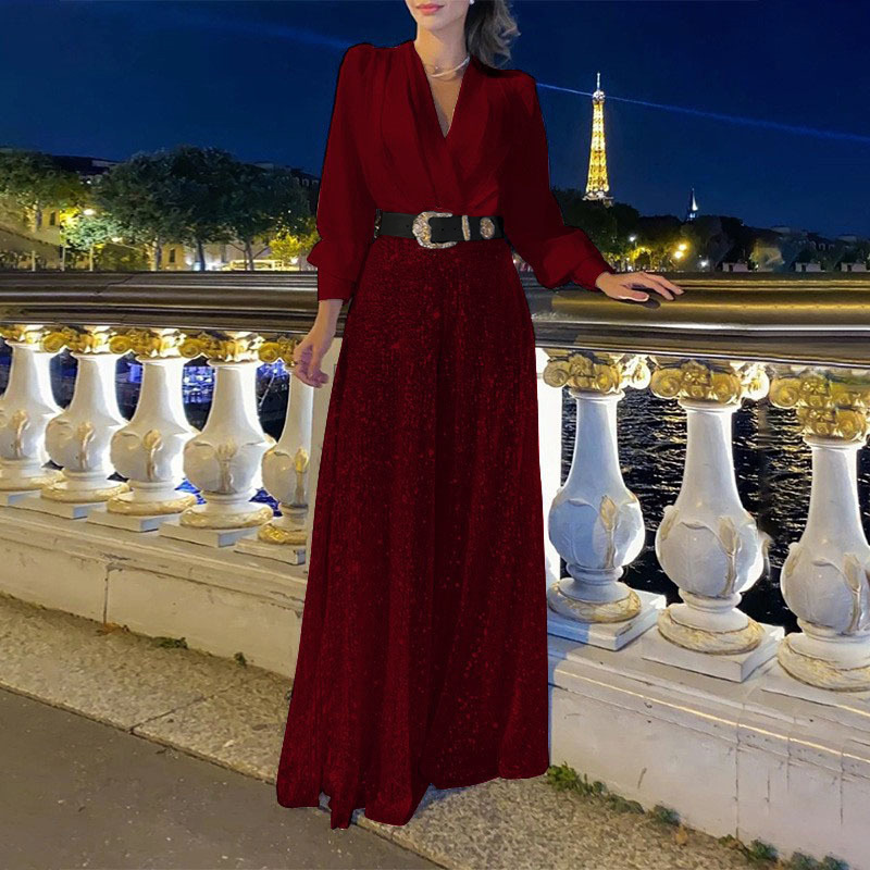 Glowline V-Neck Belted Sequin Jumpsuit