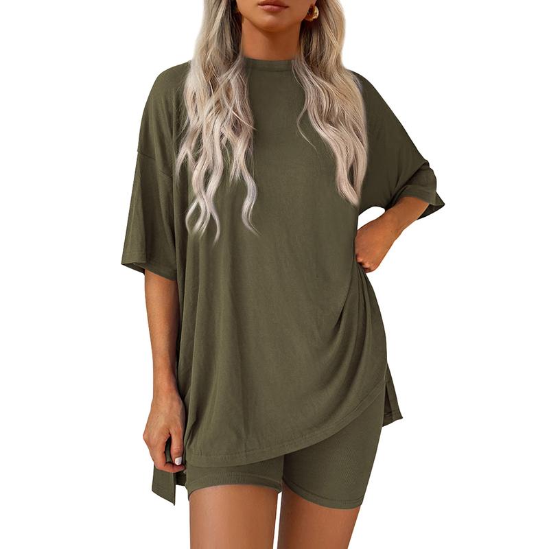 Women's Summer Lounge Set – Oversized Split Hem Tee & Biker Shorts (2-Piece)