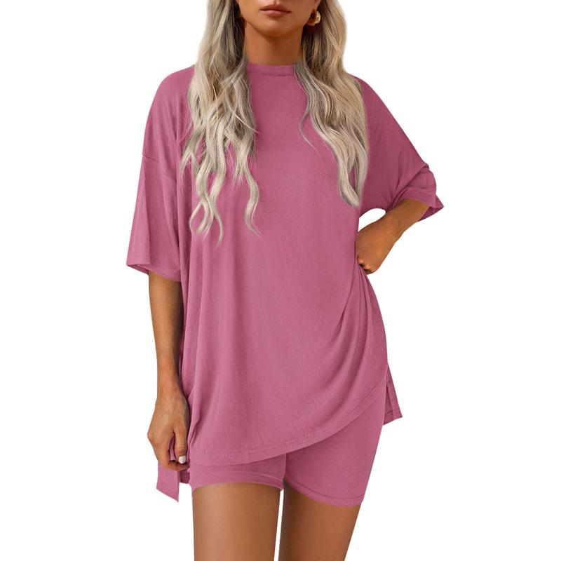 Women's Summer Lounge Set – Oversized Split Hem Tee & Biker Shorts (2-Piece)