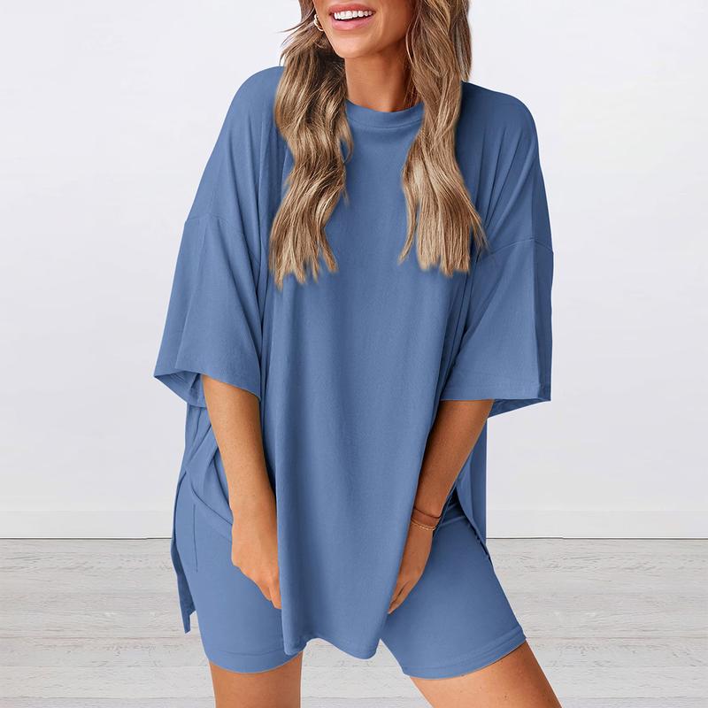 Women's Summer Lounge Set – Oversized Split Hem Tee & Biker Shorts (2-Piece)