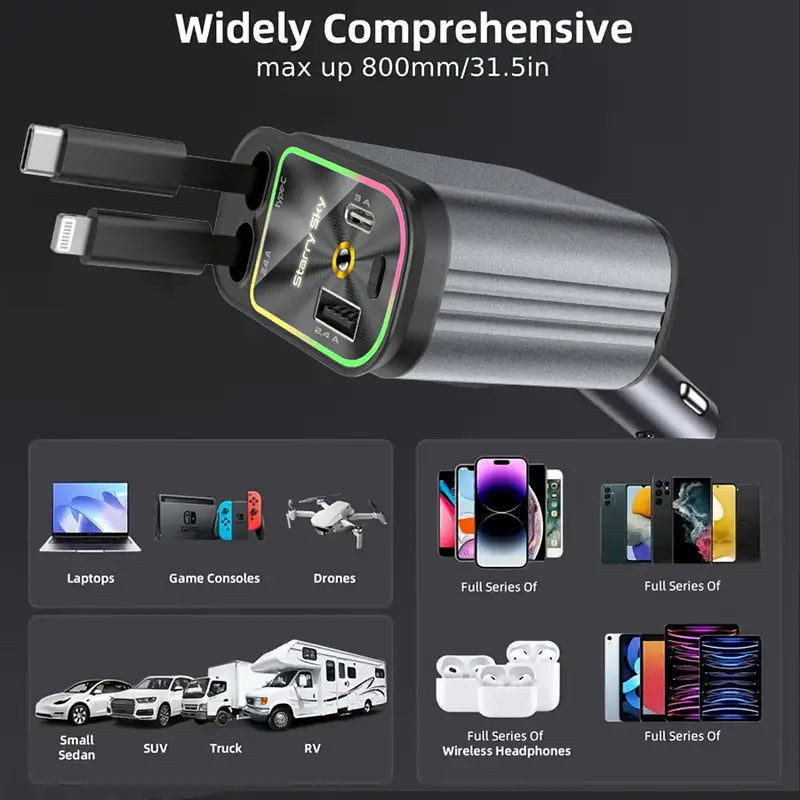 4 in 1 Retractable Car Charger with Starlight