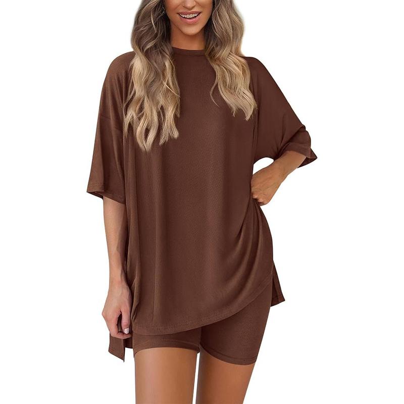 Women's Summer Lounge Set – Oversized Split Hem Tee & Biker Shorts (2-Piece)
