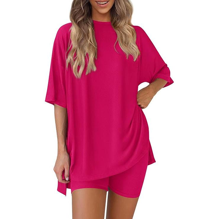 Women's Summer Lounge Set – Oversized Split Hem Tee & Biker Shorts (2-Piece)