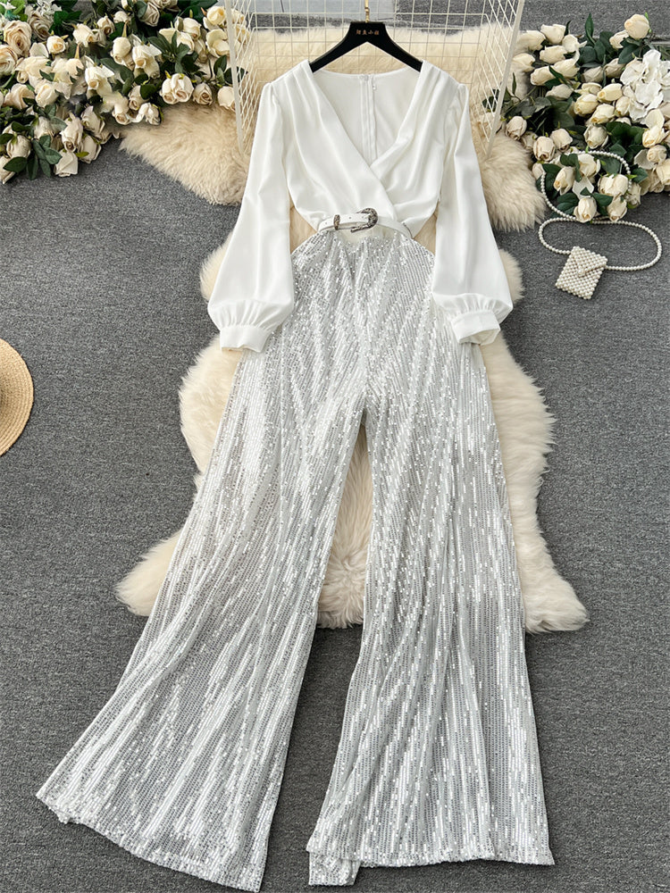 Glowline V-Neck Belted Sequin Jumpsuit