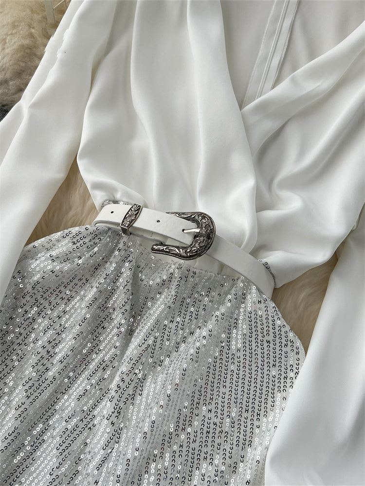 Glowline V-Neck Belted Sequin Jumpsuit
